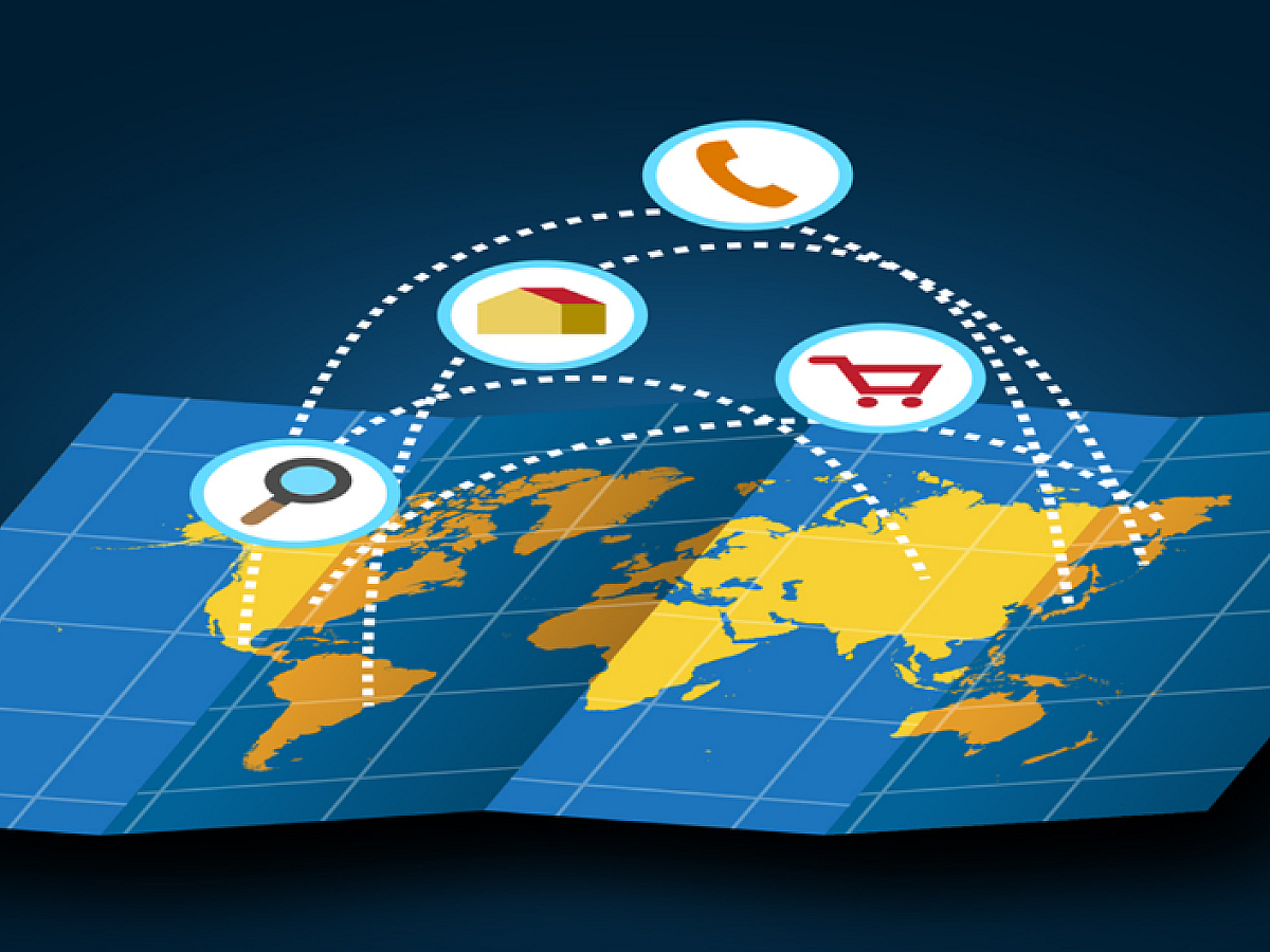 A world map with location pins and search icons in multiple languages overlayed, representing international SEO presence.