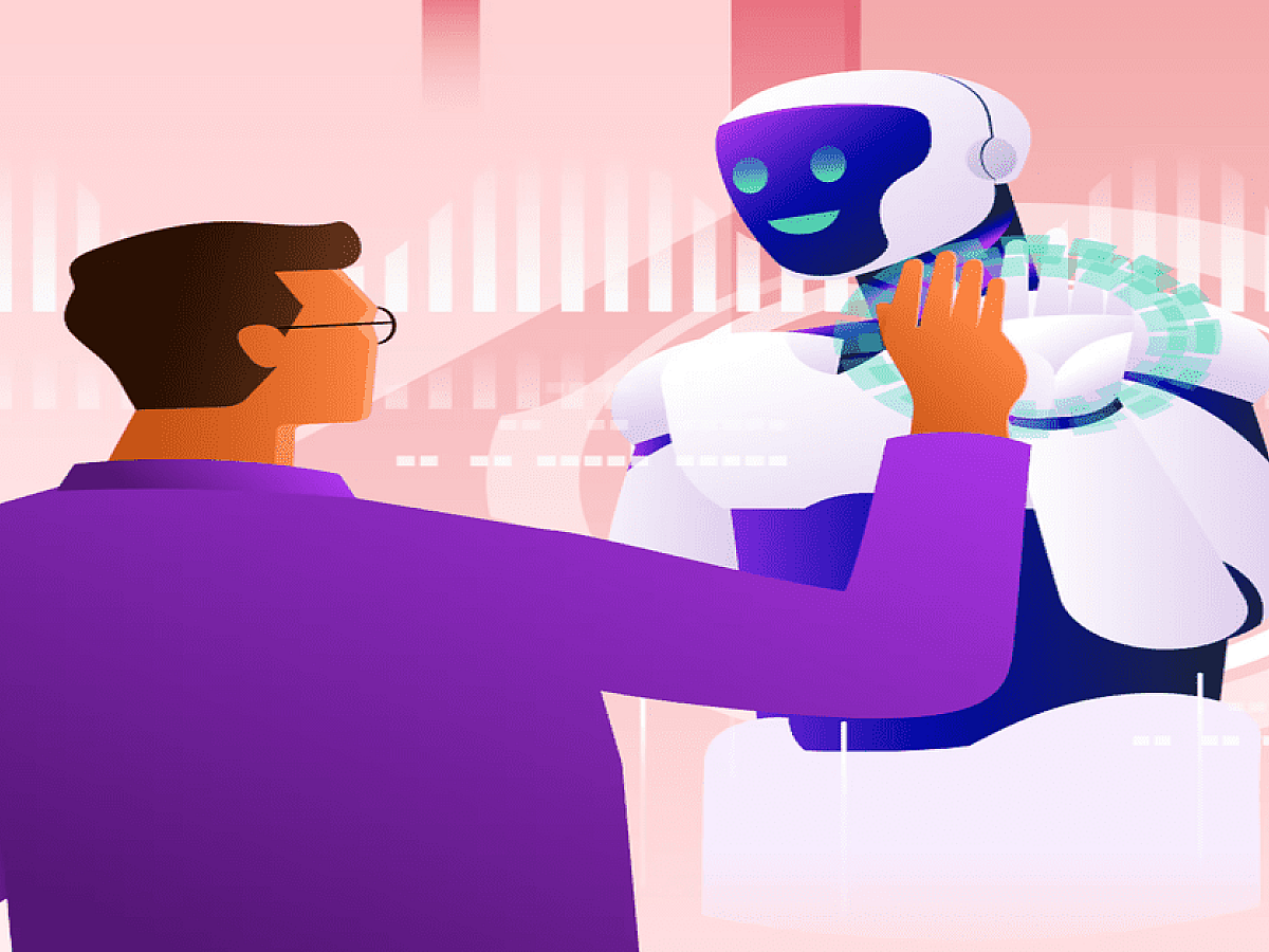 Illustration showing AI and human translators collaborating on multilingual content