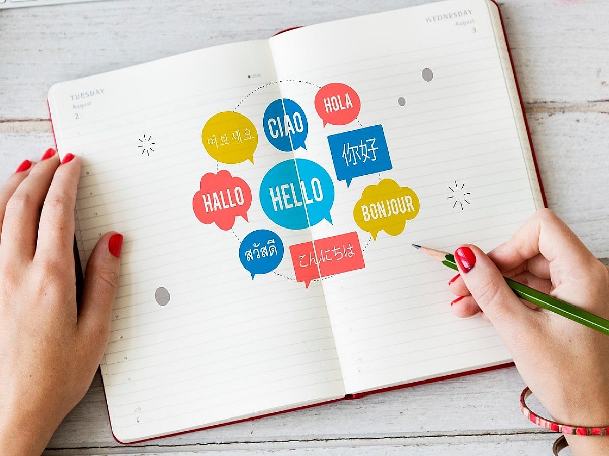 In a notebook, multiple greetings in different colours are shown in various shapes such as hello, hola, ciao, bonjour and more.