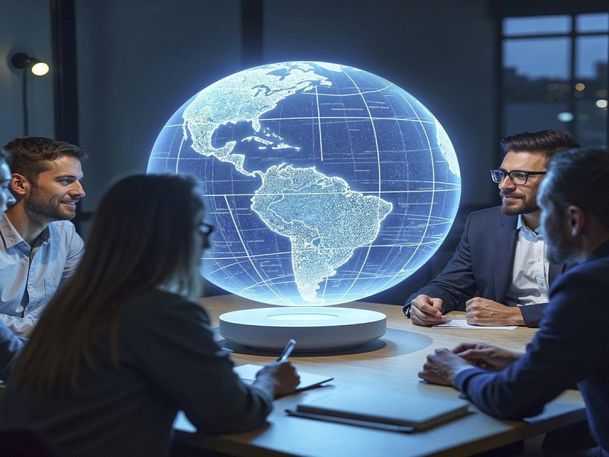 Business professional watching a multilingual subtitled video on a laptop with global icons in the background