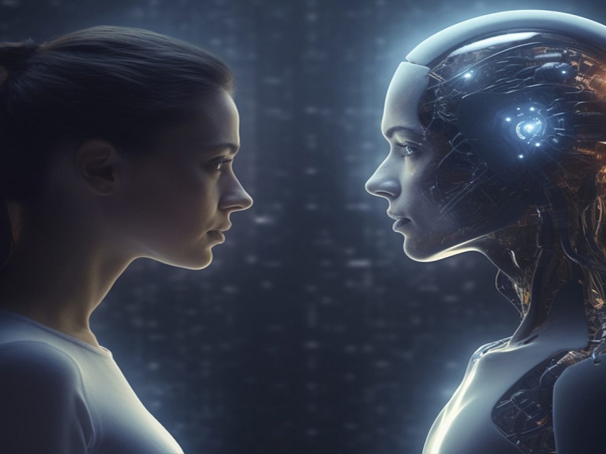 A visual comparison between a robot representing machine translation and a human translator at work, symbolizing the choice between AI and human expertise.