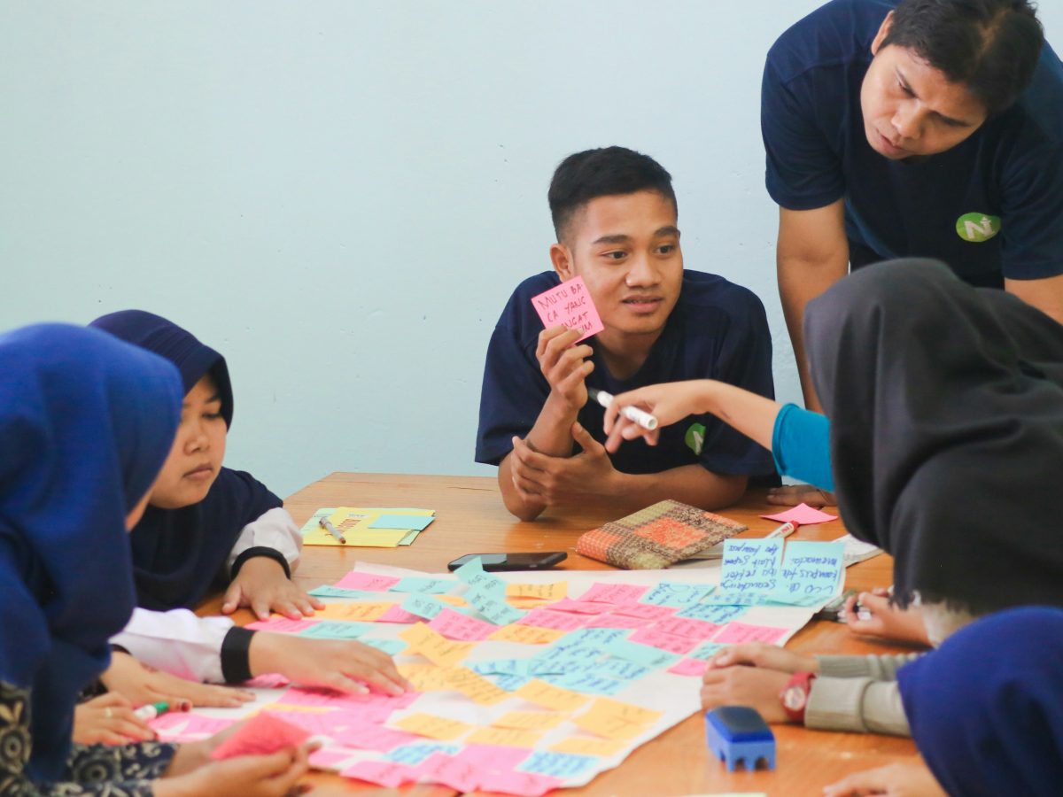 Group of people around a table interacting with sticky notes as a part of a focus group.